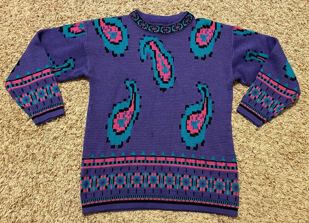 Vintage Extra Medium Sweater Purple Pink green Womens Crazy Paisley Knit